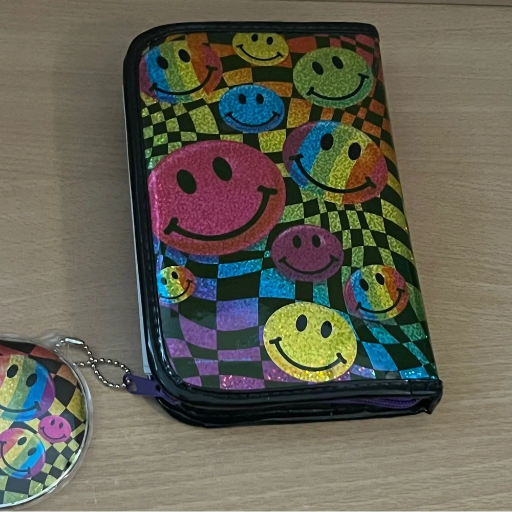 Vintage Y2K Lisa Frank Rainbow Smiley Face Zip Planner Agenda Stickers Pouch Pen